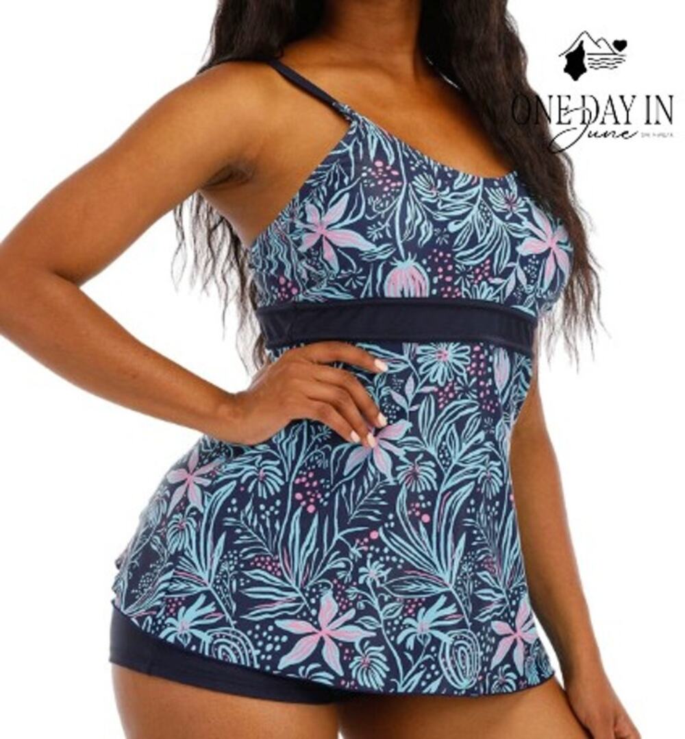 Zando Floral Tankini Swimsuit Boyshorts Navy Blue 2 Piece Size XL